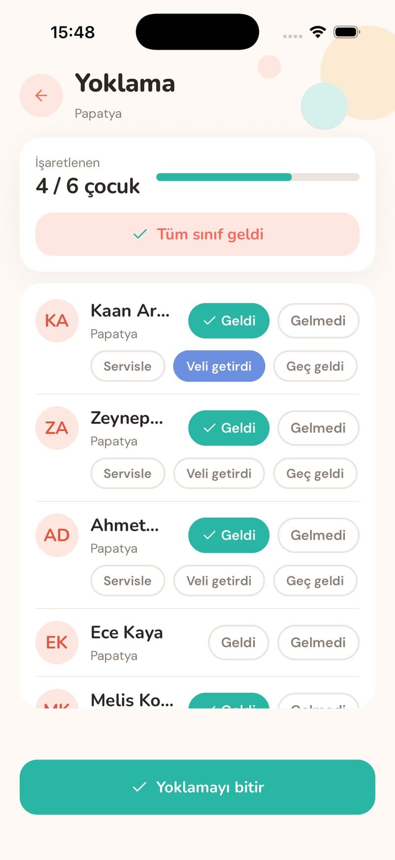 Öğretmen uygulamasında yoklama ekranı