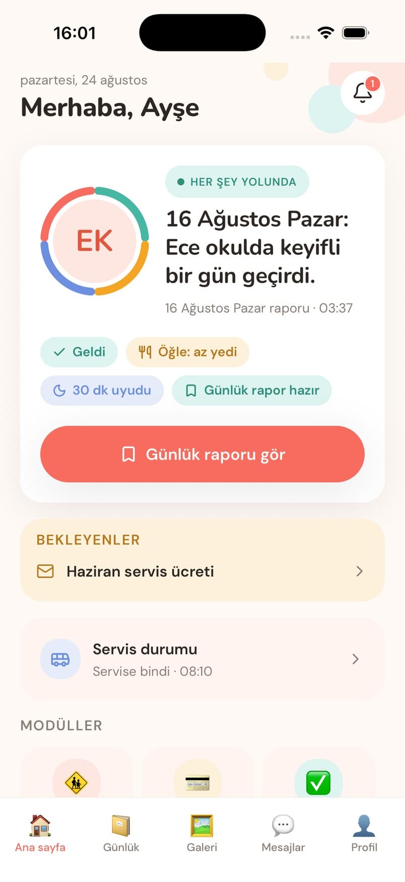 Veli uygulamasında çocuğun günlük özeti